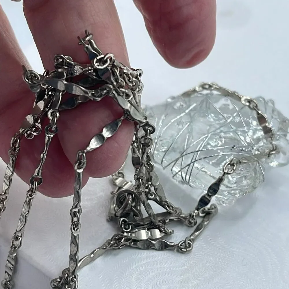 Stylized wire wrapped heart glass pendant vintage chain with spring clasp.